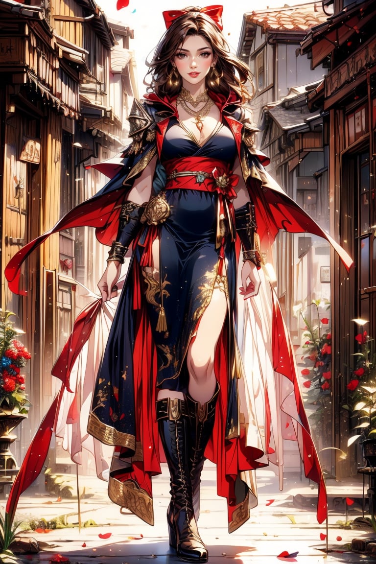 1girl, solo, long hair, looking at viewer, smile, laugh, bangs, brown hair, realistic,  medium breast, cowboy shot,  mature body, fantastical and ethereal scenery, daytime, full body, boots, hood, necklace, sash, vambraces, White clothes, cloak, dress as Assassin Creed style, bracer, mature body, fantastical and ethereal scenery, daytime,  earrings, outdoors, parted lips, day, lips, full body, outdoors,  blurry,  blurry background, earrings, black eyes, lips, bow headband, lips, ribbon, realistic, parted lips, lips, ribbon, realistic, blurry background,AS