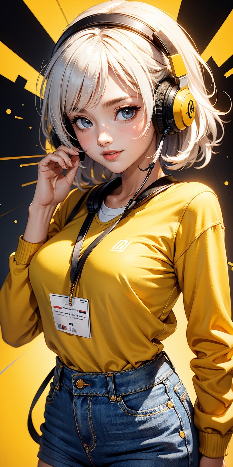 cool anima girl with retro headphone, look straight on, face camera, smile, white backgrouond, yellow wears,1 girl, id photo