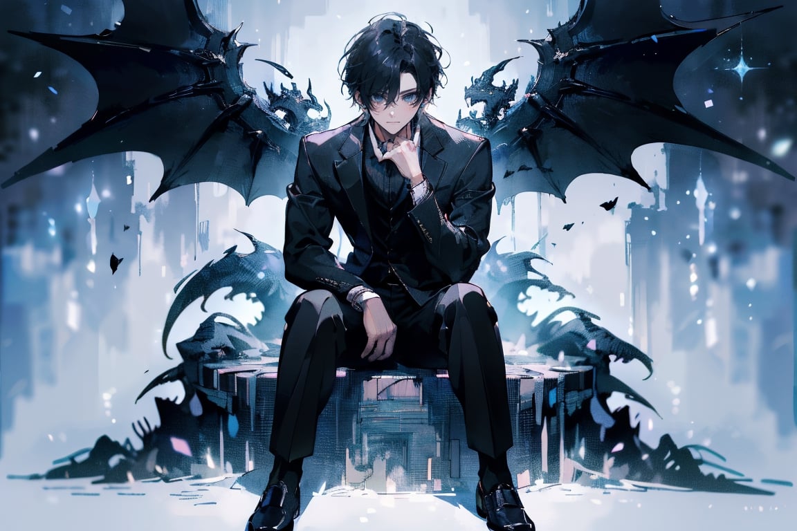 (masterpiece, best quality, highres:1.3) , black hair, black clothe, tight black sweater, formal pants, shoes, mix of fantasy and realism, special effects, full body ,best Pose,Detailedface,Black dragon with wings,1guy 病娇