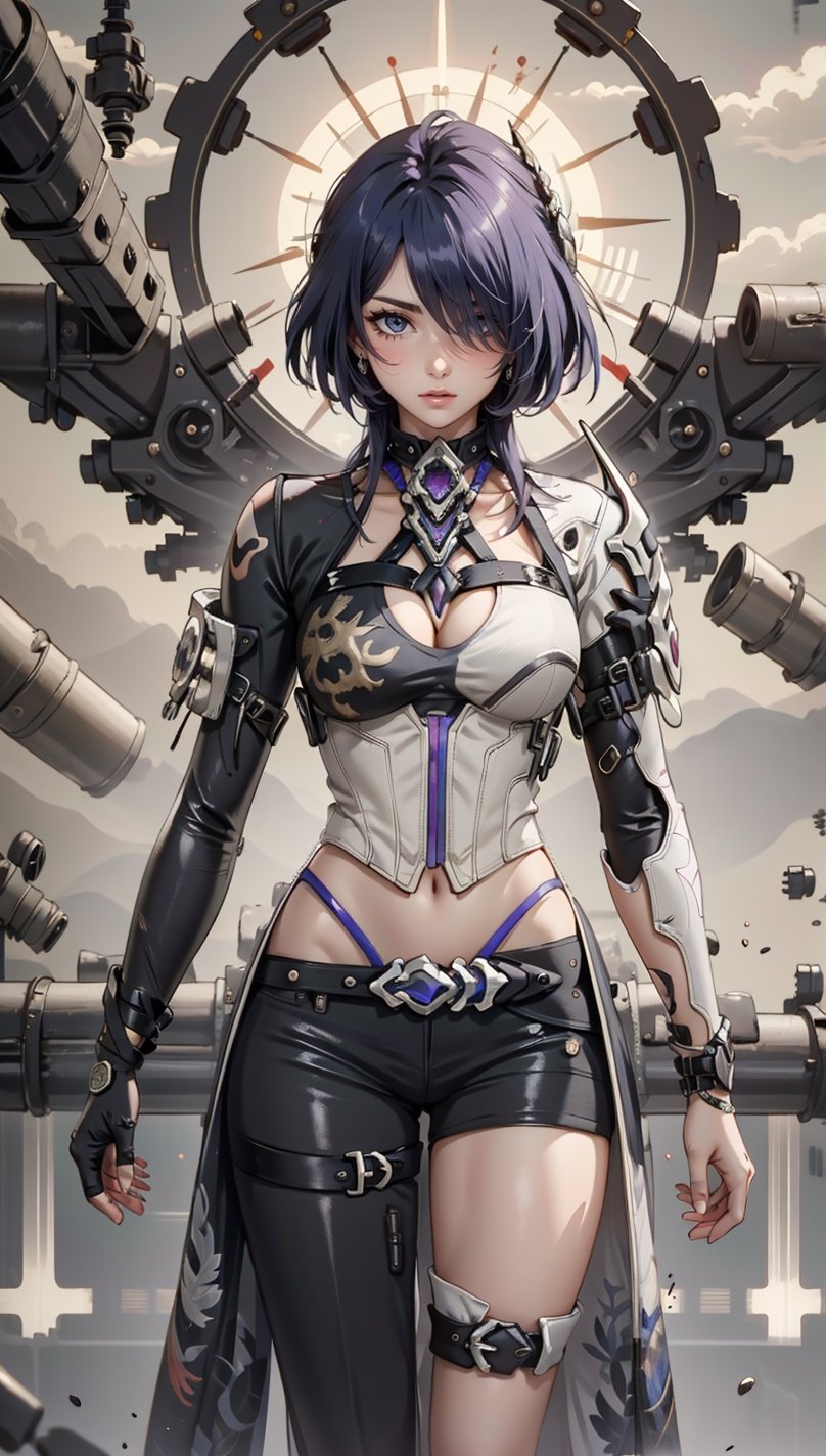 Illustration of a steampunk explorer in a post apocalyptic setting, surrounded by machine parts, mechanical UI, and post apocalyptic landscapes, Surreal steampunk Art Style, Influenced by Deviantart and Ghost in the Shell anime,Render 
,saint_cloth divine_armor,hair over one eye