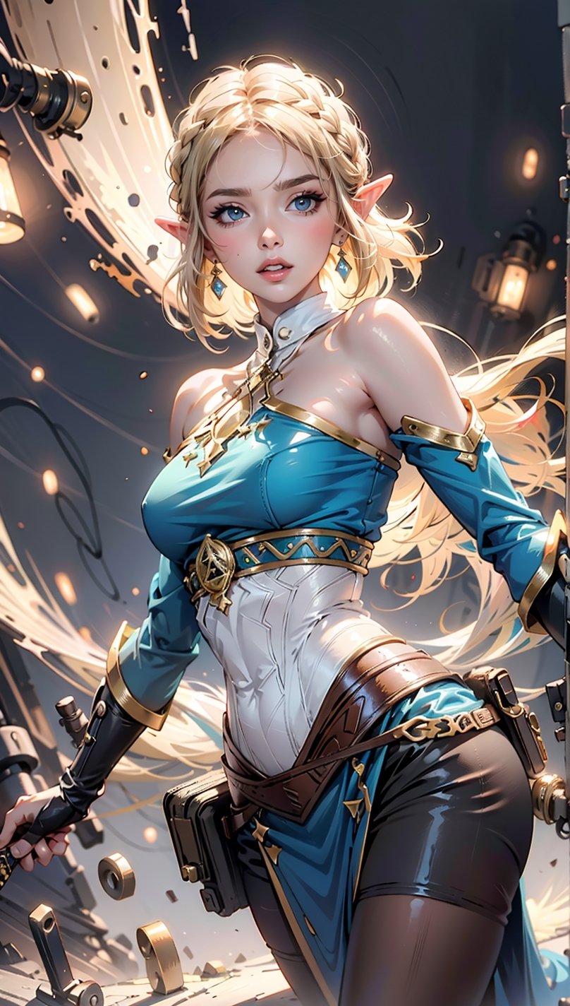 blond hair,blue dress with blue tones and white center,bare shoulders, blue eyes, excited expression,sword in hand, Surreal steampunk Art Style, Influenced by Deviantart and Ghost in the Shell anime,Render 
,saint_cloth divine_armor,hair over one eye,aazelda,pose masterpiece,
