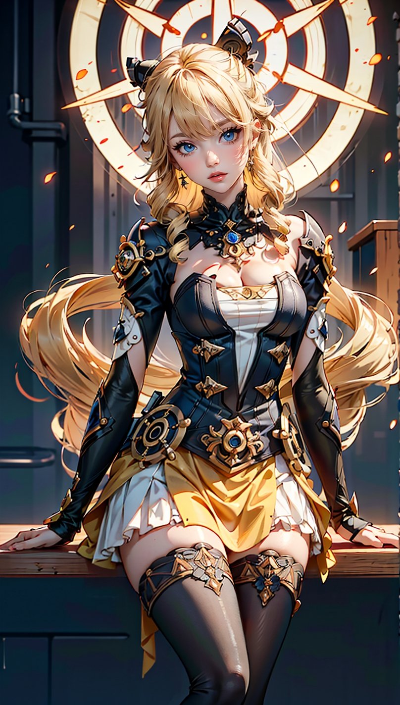 blond hair,curlers on the tips, yellow dress with blue tones and white center, Surreal steampunk Art Style, Influenced by Deviantart and Ghost in the Shell anime,Render 
,saint_cloth divine_armor,hair over one eye,navia \(genshin impact\),shaft head tilt