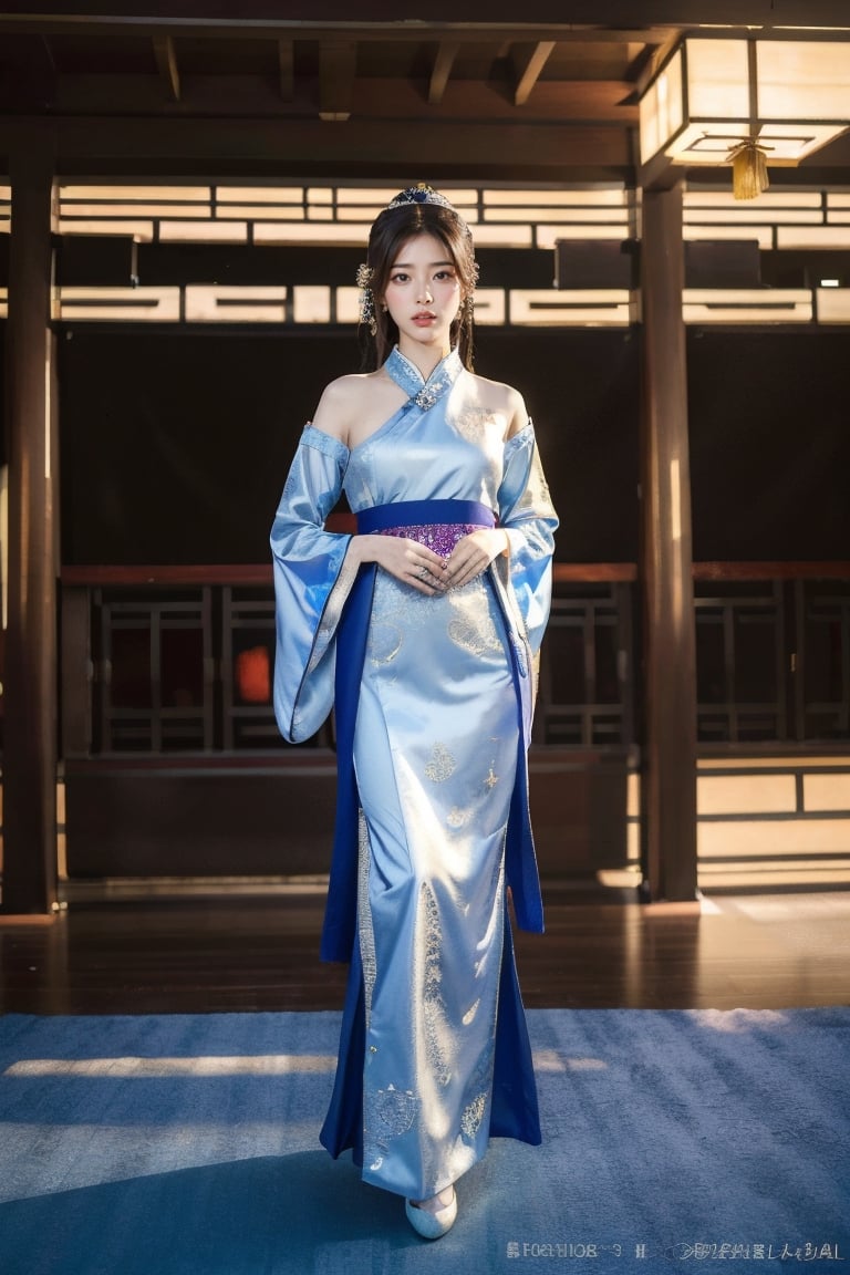 8K, HD quality, long shot,panoramic, realistic, full body shot, (photo realism: 1.9), Envision a radiant girl proudly parading down a well-lit runway in luxurious traditional Chinese Hanfu. Her posture and grace accentuate the magnificence and cultural heritage of the attire, creating a harmonious blend of ancient elegance and contemporary fashion