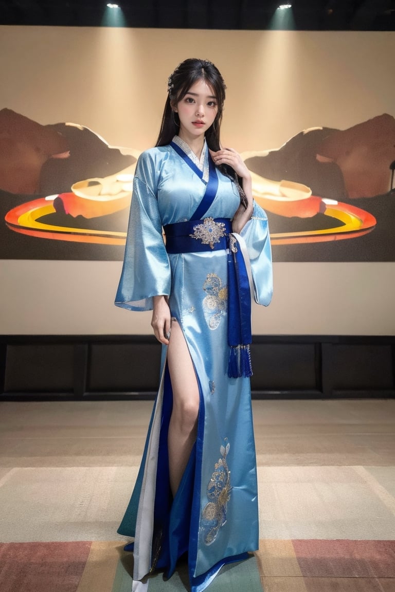 8K, HD quality, long shot,panoramic, realistic, full body shot, (photo realism: 1.9), Envision a radiant girl proudly parading down a well-lit runway in luxurious traditional Chinese Hanfu. Her posture and grace accentuate the magnificence and cultural heritage of the attire, creating a harmonious blend of ancient elegance and contemporary fashion