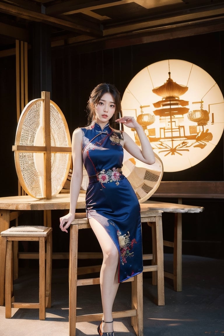 8K, high-definition quality, long lens, panoramic, realistic, full-body shooting (photo realism: 1.9), imagine a radiant girl wearing a luxurious traditional Chinese cheongsam sitting proudly on a brightly lit wooden chair on the catwalk. Her figure and elegance highlight the gorgeousness and cultural heritage of her clothing, creating a harmonious fusion of ancient elegance and contemporary fashion.

