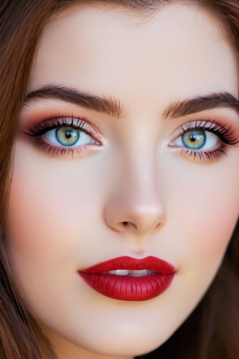 Heterochromia eyes, Let the two eye colors be different from each other, Make a face similar to Sarah McDaniel's face ,  woman with  red-headed long hair and big eyes, 17 years old, extremely beautiful one face,  portrait, just face, ripened lips , very big lips, aesthetically matured lips detailed ,  a perfect smile,