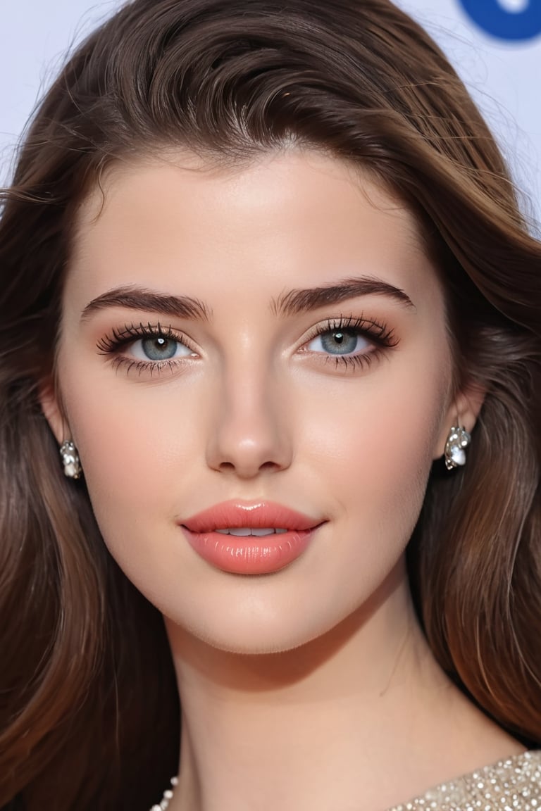 Make a face similar to Sarah McDaniel's face ,  woman with  long hair and big eyes, 17 years old, extremely beautiful one face,  portrait, just face, ripened lips , very big lips, aesthetically matured lips detailed ,  a perfect smile