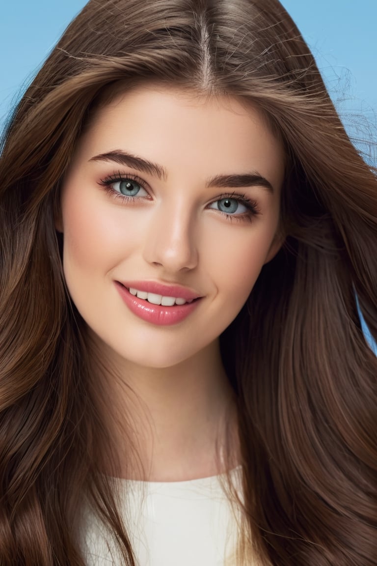 Make a face similar to Sarah McDaniel's face ,  woman with  long hair and big eyes, 17 years old, extremely beautiful one face,  portrait, ripened lips , very_big_lips, detailed , a perfect smile