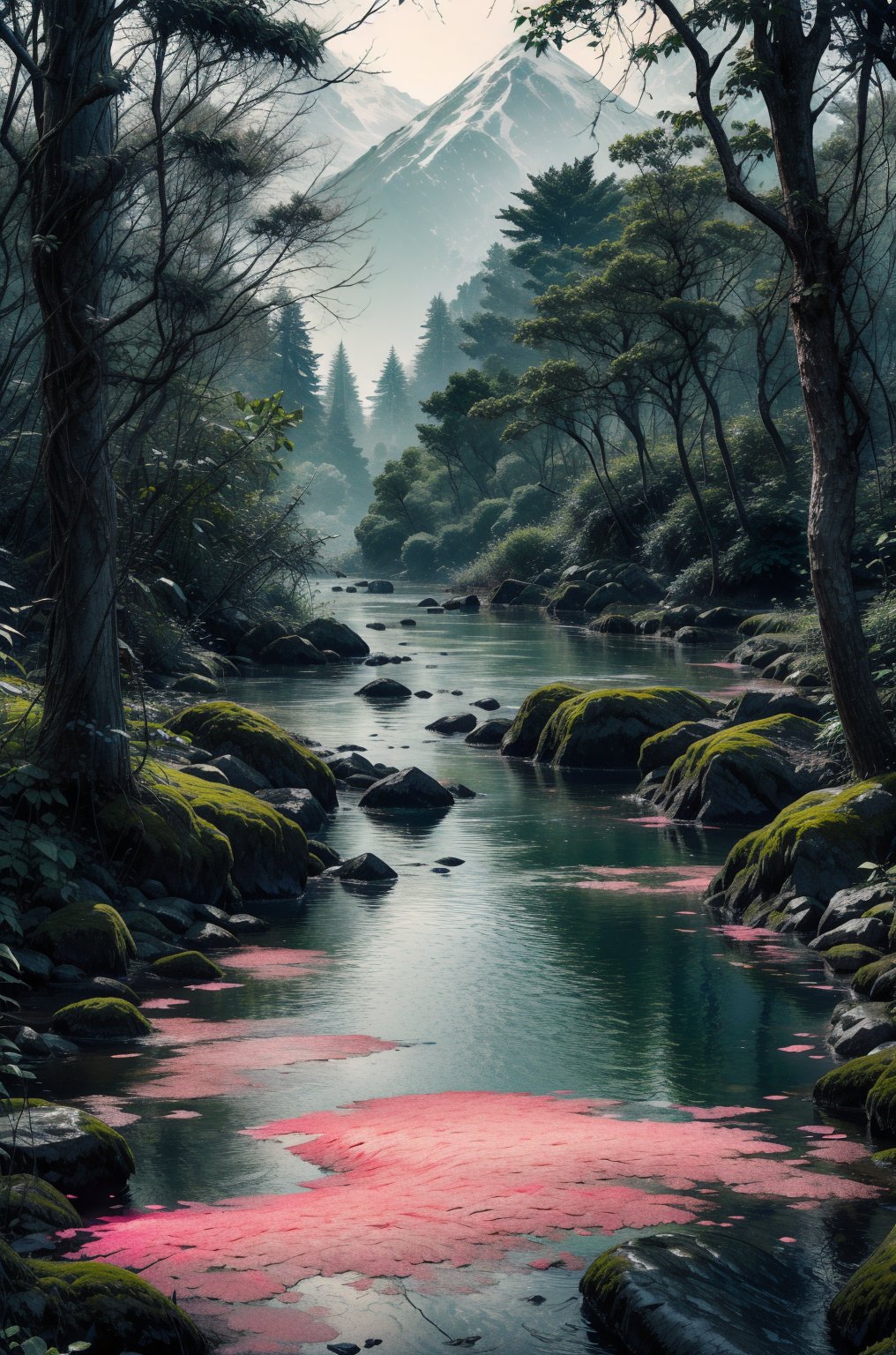 A calm, dark forest at night, illuminated by soft blue light filtering through the trees overhead. A small multi-level mountain stream meanders through the center of the forest, reflecting the heavenly glow on its surface. Delicate pink, yellow and red flowers bloom on either side of the stream, adding color to the monochrome scene. The forest floor is covered with moss and ferns, creating the overall feeling of a mystical, enchanted forest. The moonlight falls dimly on the water, cutting through the silence of the night. An old cherry tree, standing quietly by the water, softly crumbles under the gusts of a weak wind, its pink petals, lifted by a breath of light wind, travel through the forest,DonMD34thM4g1c,nhaythoaty,fantasy00d
