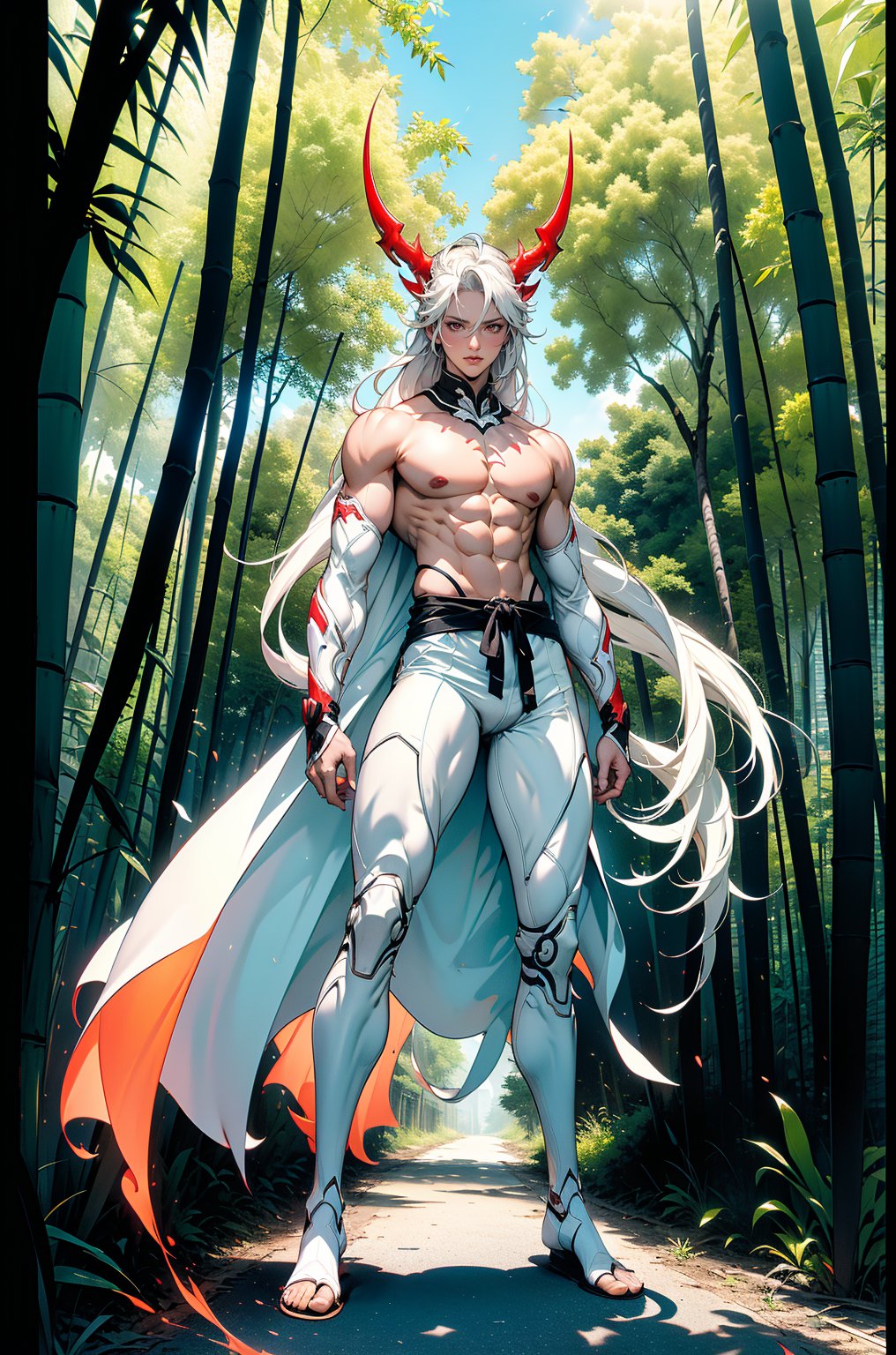 (focus on the whole body, full length, posing, legs and feet visible: 1.6), (((white dangai, white bankai, sekai, holding a sword in his hand, horns:1.7), ((bare chest, open top, no clothes, bare chest visible: 1.6)), (3rd person front view:1.5), (( male boy korean asian: 1.4), (((narrow waist: 1.4)), (Extremely Detailed hands and feet: 1.2), ((volumetric lighting, bewitching light, cinematic lighting, lighting, front light: 1.1))), (masterpiece, best quality, super detailed, highly detailed computer illustration: 1.2), 

((tall, kurosaki ichigo, muscular Asian build, full body visible, with red glowing eyes, white hair, white long hair, young guy about 30 years old, walking, posing in Japanese clothes, white armor, white kimono, holding a white katana, full body exudes black and red aura, with cut off sleeves, bare shoulders and arms, in black tight pants, horns, muscular thighs, boots, stylishly dressed, pendant, bracelets, with bare muscular chest and abs, large scar on abs, aura, energy, beam, standing, smoke, energy, lightning: 1.5),

(masterpiece:1.3),(best quality:1.3),highres,vivid colors,ultra-detailed,masterpiece,extremely detailed CG unity 8k wallpaper,scenery,,forest,bamboo,nature,bamboo forest,scenery,outdoors,tree,road,sunlight,day,vanishing point,