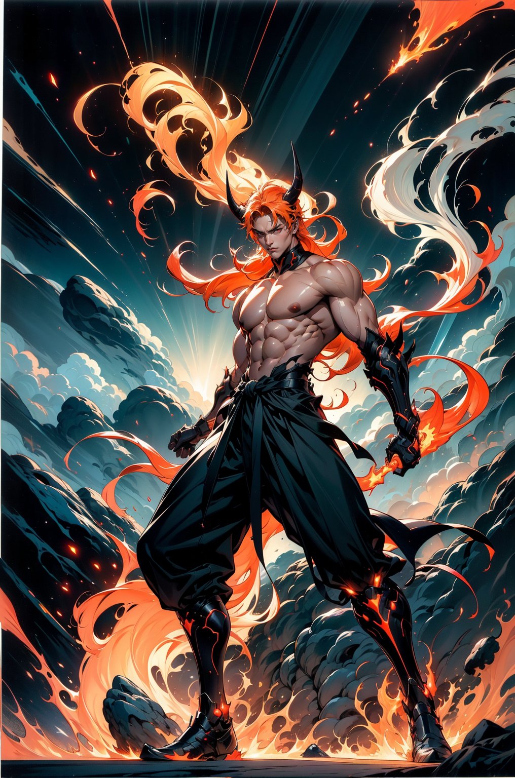 (focus on the whole body, full length, posing, legs and feet visible: 1.6), (((black dangai, black bankai, sekai, holding a sword in his hand, armor, horns:1.7), ((bare chest, open top, no clothes, bare chest visible: 1.6)), (3rd person front view:1.5), (( male boy korean asian: 1.4), (((narrow waist: 1.4)), (Extremely Detailed hands and feet: 1.2), ((volumetric lighting, bewitching light, cinematic lighting, lighting, front light: 1.1))), (masterpiece, best quality, super detailed, highly detailed computer illustration: 1.2), 

((tall, kurosaki ichigo, muscular Asian build, full body visible, with red glowing eyes, orange hair, white long hair, young guy about 30 years old, walking, posing in Japanese clothes, black kimono, armor, holding a black katana, full body exudes black and red aura, with cut off sleeves, bare shoulders and arms, in black tight pants, horns, muscular thighs, boots, stylishly dressed, pendant, bracelets, with bare muscular chest and abs, large scar on abs, aura, energy, beam, standing, smoke, energy, lightning: 1.5),

  (masterpiece:1.3),(best quality:1.3)close view on open ocean from cliffisde, morning, slight fog, sunrays, water, (clouds), very busy sky, storm, dim fog, atmospheric, (red glow), romantic impressionism, absurdres, scenery art, matte painting, romantic, beautiful digital painting, anime landscape, romantic painting, paintlike, dreamy,