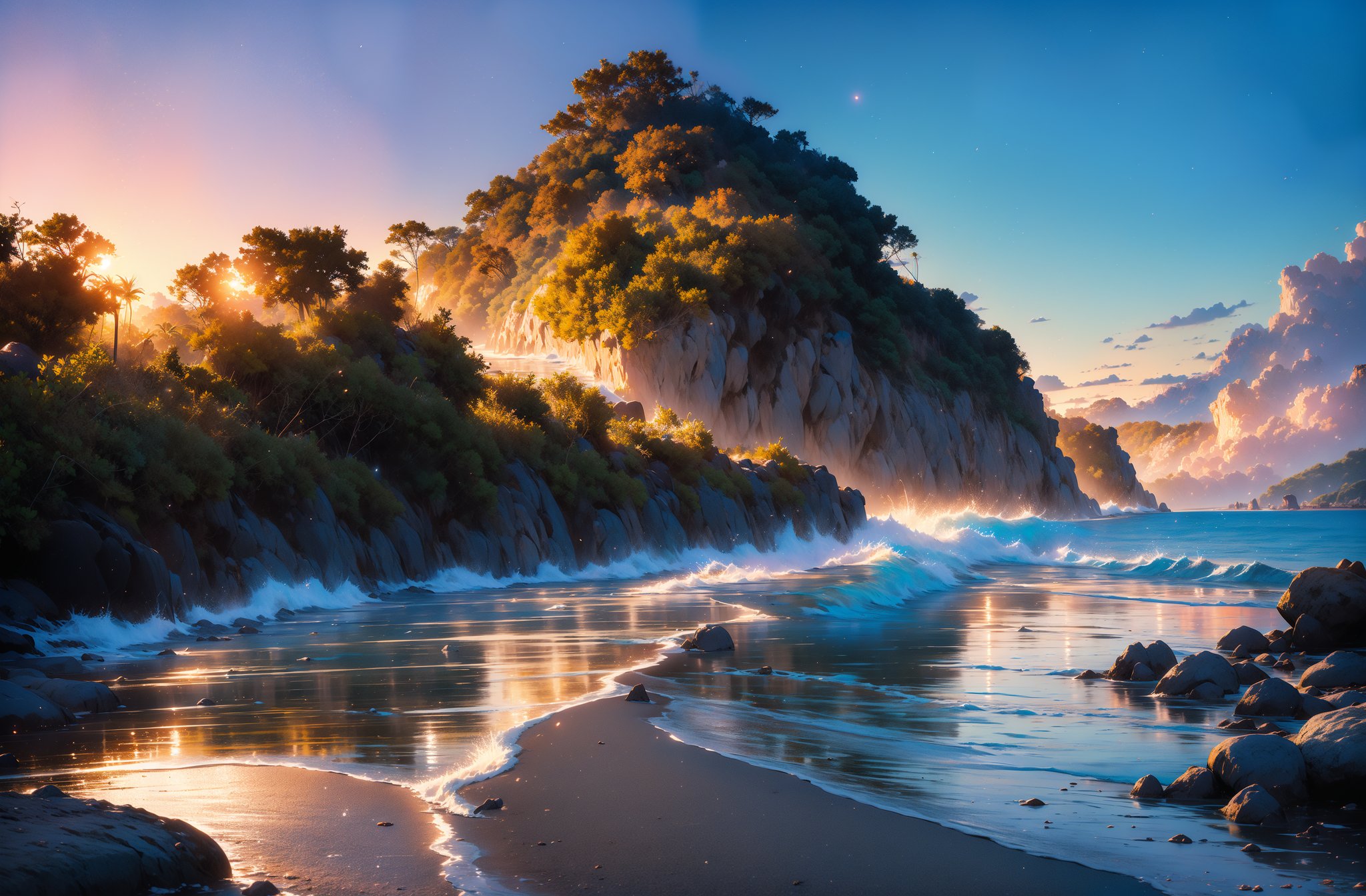 (masterpiece:1.3),(best quality:1.3)A magnificent and beautiful beach resort in Jamaica, cinematic, atmospheric, 8K, mystical, dynamic lighting, octane render, landscape photography by Marc Adamus., beautiful sand, long beach