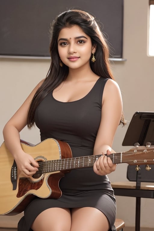 super cute Indian woman, black dress, curvy figure, sexy look, Happen, in a music class, playing guitar