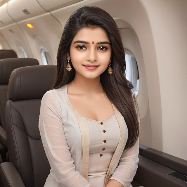 super cute Indian woman, Indian suit with, black, simple smily face, in flight