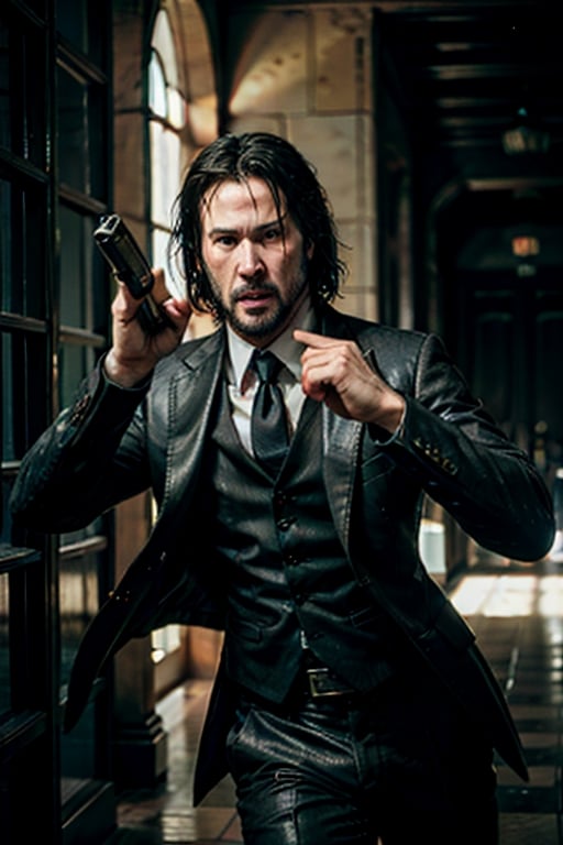 open wide shot, masterpiece, excellent quality, running fast shooting machine gun with flames, photo realistic Keanu Reeves John Wick with pistol and machine gun , thriller style, aggressive pose, modern black and white Gucci suit, armed gun, photorealistic, highly detailed, blurry photo, intricate, incredibly detailed, super detailed, gangster texture, detailed , crazy, soft lights and shadows