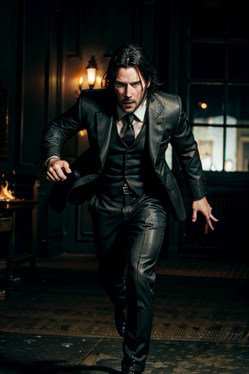 open wide shot, masterpiece, excellent quality, 
perfect hands,epic running fast shooting machine gun with flames, photo realistic Keanu Reeves John Wick with pistol and machine gun , thriller style, aggressive pose, modern black and white Gucci suit, armed gun, photorealistic, highly detailed, blurry photo, intricate, incredibly detailed, super detailed, gangster texture, detailed , crazy, soft lights and shadows