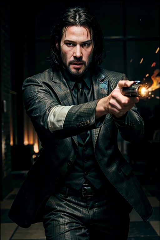 open wide shot, masterpiece, excellent quality, 
perfect hands,epic running fast shooting machine gun with flames, photo realistic Keanu Reeves John Wick with pistol and machine gun , thriller style, aggressive pose, modern black and white Gucci suit, armed gun, photorealistic, highly detailed, blurry photo, intricate, incredibly detailed, super detailed, gangster texture, detailed , crazy, soft lights and shadows