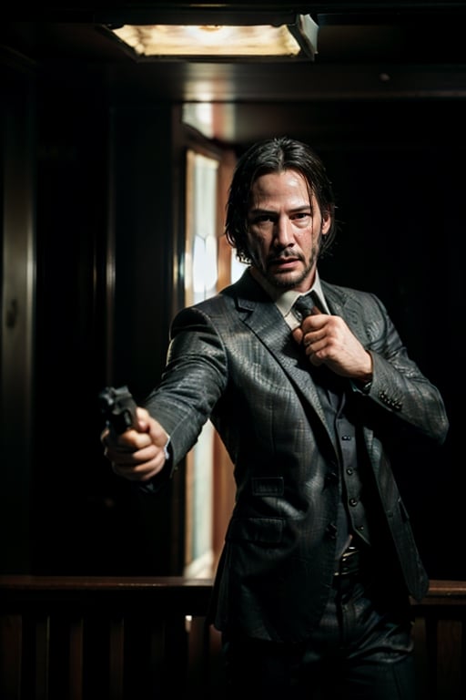 masterpiece, excellent quality, running shooting guns with flame, photo realistic Keanu Reeves John Wick with , thriller style, aggressive pose, modern black and white Gucci suit, armed gun, photorealistic, highly detailed, blurry photo, intricate, incredibly detailed, super detailed, gangster texture, detailed , crazy, soft lights and shadows