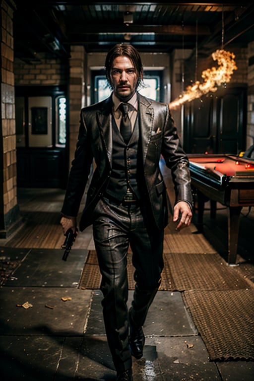 ((Panoramic and open wide shot)), masterpiece, excellent quality, 
perfect hands,epic running fast shooting machine gun with flames, photo realistic "John Wick",  with pistol and machine gun , 
different weapons
knives, katanas, submachine guns, grenades, in a shootout with other men, thriller style, aggressive pose, modern black and white Gucci suit, armed gun, photorealistic, highly detailed, blurry photo, intricate, incredibly detailed, super detailed, gangster texture, detailed , crazy, soft lights and shadows