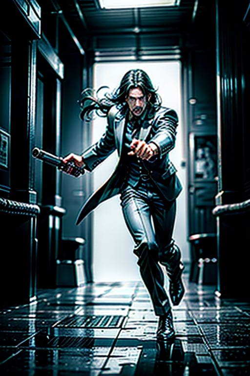 open wide shot, masterpiece, excellent quality, 
perfect hands,epic running fast shooting machine gun with flames, photo realistic Keanu Reeves John Wick with pistol and machine gun , thriller style, aggressive pose, modern black and white Gucci suit, armed gun, photorealistic, highly detailed, blurry photo, intricate, incredibly detailed, super detailed, gangster texture, detailed , crazy, soft lights and shadows