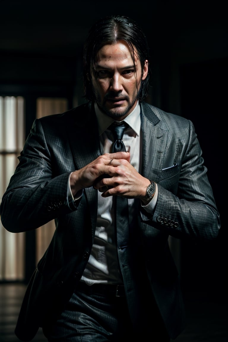 masterpiece, excellent quality, 8k, photo realistic man john wick with ,pointing a gun, running, shooting, thriller style, aggressive pose, modern black and white Gucci suit, armed gun, photorealistic, highly detailed, blurry photo, intricate, incredibly detailed, super detailed, gangster texture, detailed , crazy, soft lights and shadows