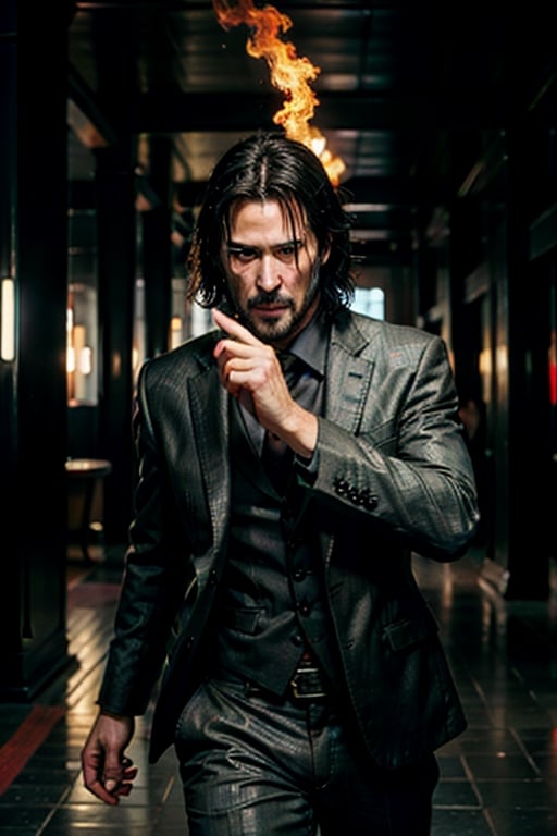 open wide shot, masterpiece, excellent quality, 
perfect hands,epic running fast shooting machine gun with flames, photo realistic Keanu Reeves John Wick with pistol and machine gun , thriller style, aggressive pose, modern black and white Gucci suit, armed gun, photorealistic, highly detailed, blurry photo, intricate, incredibly detailed, super detailed, gangster texture, detailed , crazy, soft lights and shadows