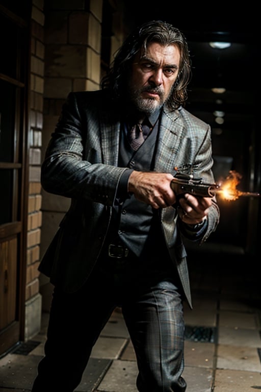 ((Panoramic and open wide shot)), masterpiece, excellent quality, 
perfect hands,epic running fast shooting machine gun with flames, photo realistic Ian McShane as Winston from the movie "John Wick",  with pistol and machine gun , 
different weapons
knives, katanas, submachine guns, grenades, in a shootout with other men, thriller style, aggressive pose, modern black and white Gucci suit, armed gun, photorealistic, highly detailed, blurry photo, intricate, incredibly detailed, super detailed, gangster texture, detailed , crazy, soft lights and shadows