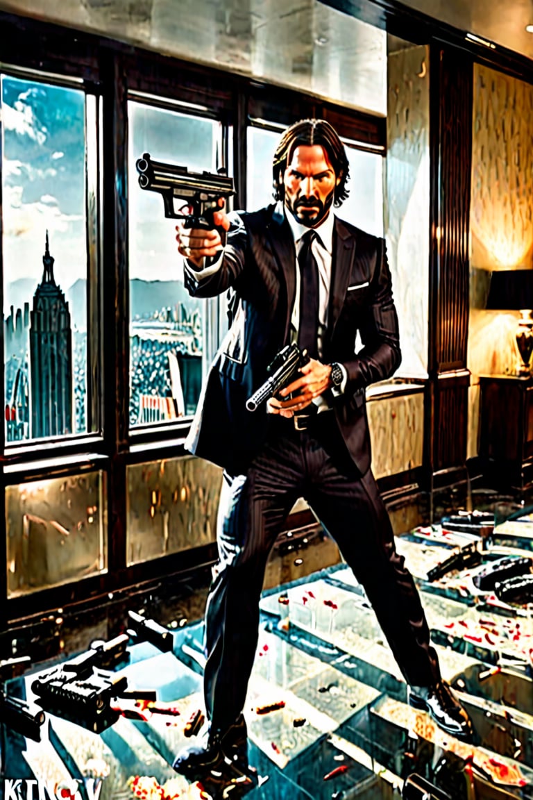 ((movie cover)) in Hotel Continental ((Panoramic and open wide shot)), masterpiece, excellent quality, perfect hands, epic jumping  breaking the glass through a window, killing gunmen, shooting machine gun, photo realistic "John Wick", with pistol and machine gun , different weapons knives, katanas, submachine guns, grenades, in a shootout with other men, thriller style, aggressive pose, modern black and white Gucci suit, armed gun, photorealistic, highly detailed, blurry photo, intricate, incredibly detailed, super detailed, gangster texture, detailed , crazy, soft lights and shadows,Summer