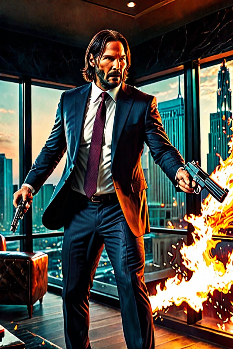 in Hotel ((Panoramic and open wide shot)), masterpiece, excellent quality, perfect hands, epic jumping  breaking the glass through a window, killing gunmen, shooting machine gun with flames, photo realistic "John Wick", with pistol and machine gun , different weapons knives, katanas, submachine guns, grenades, in a shootout with other men, thriller style, aggressive pose, modern black and white Gucci suit, armed gun, photorealistic, highly detailed, blurry photo, intricate, incredibly detailed, super detailed, gangster texture, detailed , crazy, soft lights and shadows,Summer