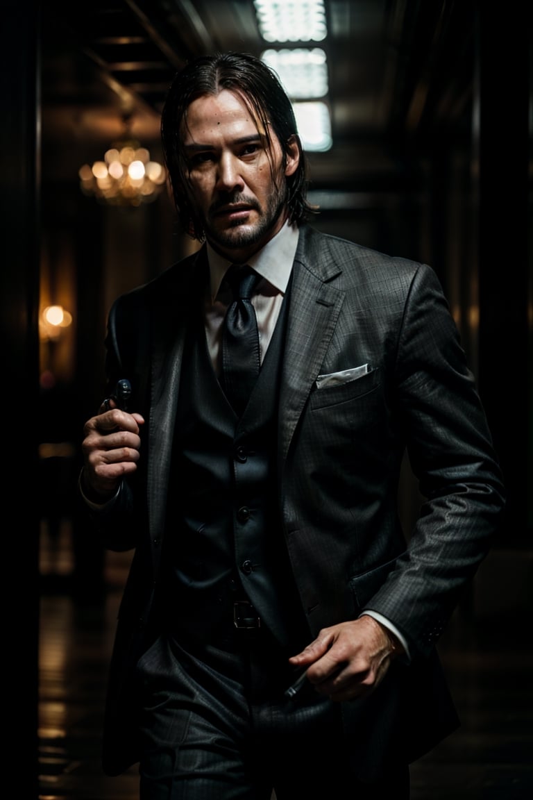 masterpiece, excellent quality, 8k, photo realistic man john wick with , thriller style, aggressive pose, modern black and white Gucci suit, armed gun, photorealistic, highly detailed, blurry photo, intricate, incredibly detailed, super detailed, gangster texture, detailed , crazy, soft lights and shadows