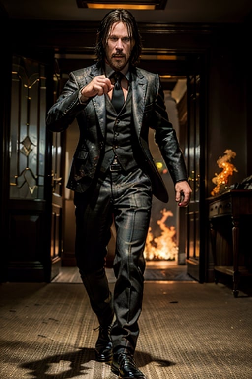 ((Panoramic and open wide shot)), masterpiece, excellent quality, 
perfect hands,epic running fast shooting machine gun with flames, photo realistic Keanu Reeves John Wick with pistol and machine gun , 
different weapons
knives, katanas, submachine guns, grenades, in a shootout with other men, thriller style, aggressive pose, modern black and white Gucci suit, armed gun, photorealistic, highly detailed, blurry photo, intricate, incredibly detailed, super detailed, gangster texture, detailed , crazy, soft lights and shadows