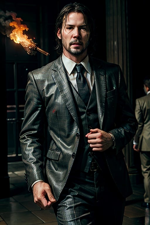 open wide shot, masterpiece, excellent quality, 
perfect hands,epic running fast shooting machine gun with flames, photo realistic Keanu Reeves John Wick with pistol and machine gun , thriller style, aggressive pose, modern black and white Gucci suit, armed gun, photorealistic, highly detailed, blurry photo, intricate, incredibly detailed, super detailed, gangster texture, detailed , crazy, soft lights and shadows