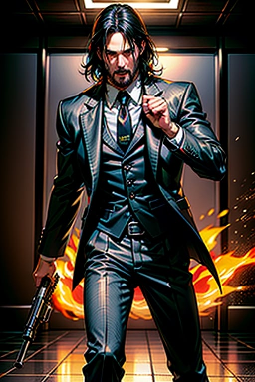 open wide shot, masterpiece, excellent quality, 
perfect hands,epic running fast shooting machine gun with flames, photo realistic Keanu Reeves John Wick with pistol and machine gun , thriller style, aggressive pose, modern black and white Gucci suit, armed gun, photorealistic, highly detailed, blurry photo, intricate, incredibly detailed, super detailed, gangster texture, detailed , crazy, soft lights and shadows