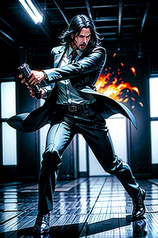 open wide shot, masterpiece, excellent quality, 
perfect hands,epic running fast shooting machine gun with flames, photo realistic Keanu Reeves John Wick with pistol and machine gun , thriller style, aggressive pose, modern black and white Gucci suit, armed gun, photorealistic, highly detailed, blurry photo, intricate, incredibly detailed, super detailed, gangster texture, detailed , crazy, soft lights and shadows