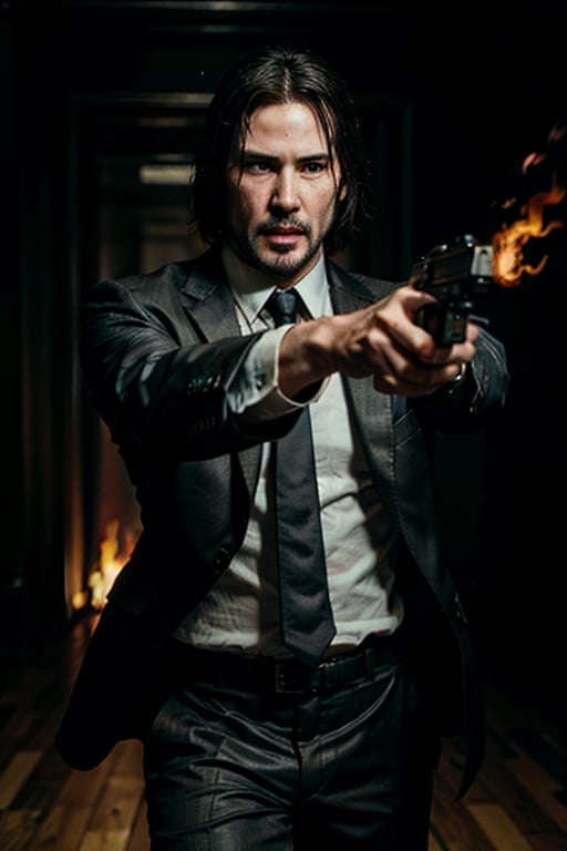 open wide shot, masterpiece, excellent quality, 
perfect hands,epic running fast shooting machine gun with flames, photo realistic Keanu Reeves John Wick with pistol and machine gun , thriller style, aggressive pose, modern black and white Gucci suit, armed gun, photorealistic, highly detailed, blurry photo, intricate, incredibly detailed, super detailed, gangster texture, detailed , crazy, soft lights and shadows