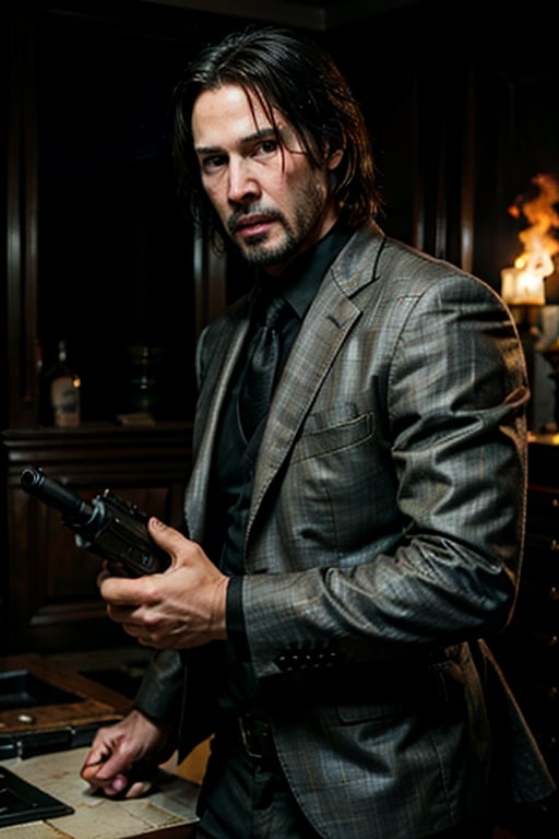 open wide shot, masterpiece, excellent quality, 
perfect hands,epic running fast shooting machine gun with flames, photo realistic Keanu Reeves John Wick with pistol and machine gun , thriller style, aggressive pose, modern black and white Gucci suit, armed gun, photorealistic, highly detailed, blurry photo, intricate, incredibly detailed, super detailed, gangster texture, detailed , crazy, soft lights and shadows