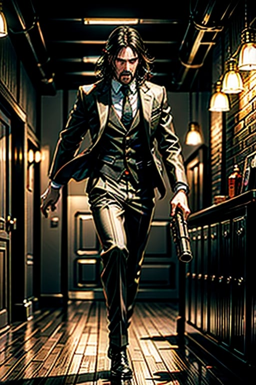 open wide shot, masterpiece, excellent quality, 
perfect hands,epic running fast shooting machine gun with flames, photo realistic Keanu Reeves John Wick with pistol and machine gun , thriller style, aggressive pose, modern black and white Gucci suit, armed gun, photorealistic, highly detailed, blurry photo, intricate, incredibly detailed, super detailed, gangster texture, detailed , crazy, soft lights and shadows