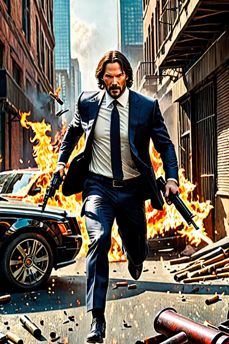  ((Panoramic and open wide shot)), masterpiece, excellent quality, perfect hands,epic running fast, epic jumping through a window breaking the glass, shooting machine gun with flames, photo realistic "John Wick", with pistol and machine gun , different weapons knives, katanas, submachine guns, grenades, in a shootout with other men, thriller style, aggressive pose, modern black and white Gucci suit, armed gun, photorealistic, highly detailed, blurry photo, intricate, incredibly detailed, super detailed, gangster texture, detailed , crazy, soft lights and shadows