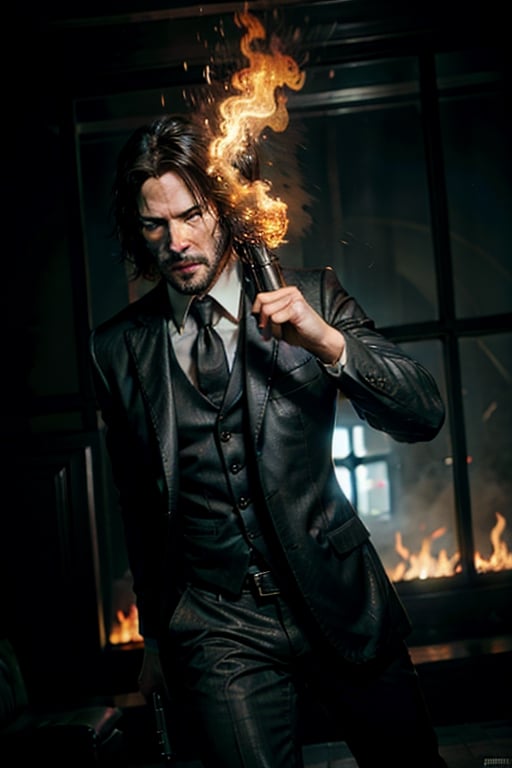 open wide shot, masterpiece, excellent quality, 
perfect hands,epic running fast shooting machine gun with flames, photo realistic Keanu Reeves John Wick with pistol and machine gun , thriller style, aggressive pose, modern black and white Gucci suit, armed gun, photorealistic, highly detailed, blurry photo, intricate, incredibly detailed, super detailed, gangster texture, detailed , crazy, soft lights and shadows