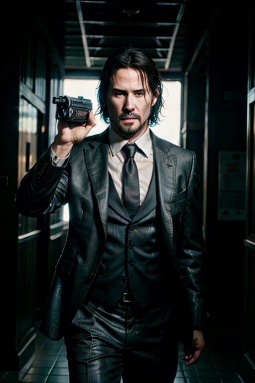 open wide shot, masterpiece, excellent quality, 
perfect hands,epic running fast shooting machine gun with flames, photo realistic Keanu Reeves John Wick with pistol and machine gun , thriller style, aggressive pose, modern black and white Gucci suit, armed gun, photorealistic, highly detailed, blurry photo, intricate, incredibly detailed, super detailed, gangster texture, detailed , crazy, soft lights and shadows