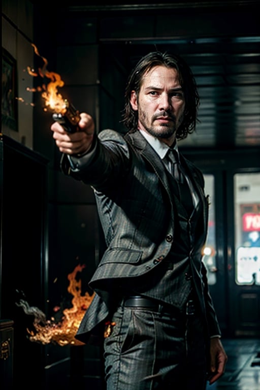 open wide shot, masterpiece, excellent quality, 
perfect hands,epic running fast shooting machine gun with flames, photo realistic Keanu Reeves John Wick with pistol and machine gun , thriller style, aggressive pose, modern black and white Gucci suit, armed gun, photorealistic, highly detailed, blurry photo, intricate, incredibly detailed, super detailed, gangster texture, detailed , crazy, soft lights and shadows