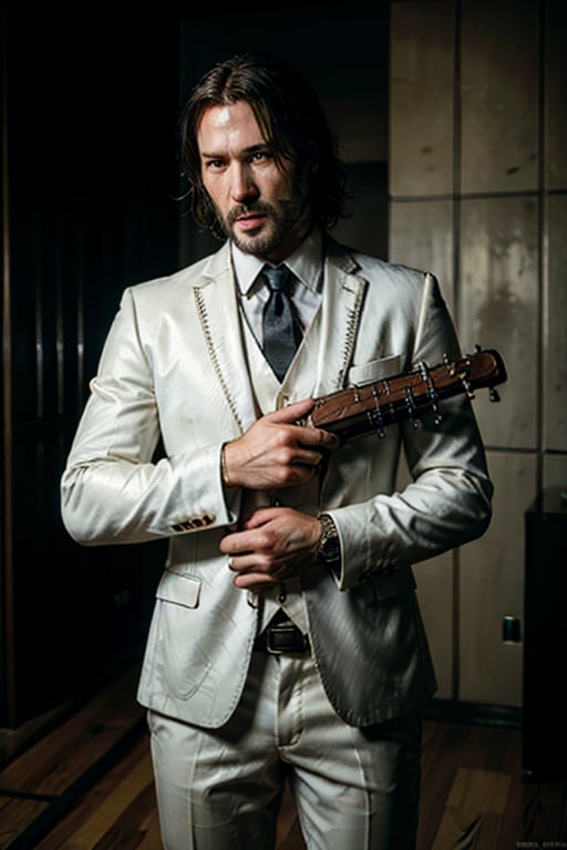 ((Panoramic and open wide shot)), masterpiece, excellent quality, 
perfect hands,epic running fast shooting machine gun with flames, photo realistic "John Wick", singing ((wearing a bright white suit and guitar and singing into a microphone))
different weapons
knives, katanas, submachine guns, grenades, in a shootout with other men, thriller style, aggressive pose, modern black and white Gucci suit, armed gun, photorealistic, highly detailed, blurry photo, intricate, incredibly detailed, super detailed, gangster texture, detailed , crazy, soft lights and shadows