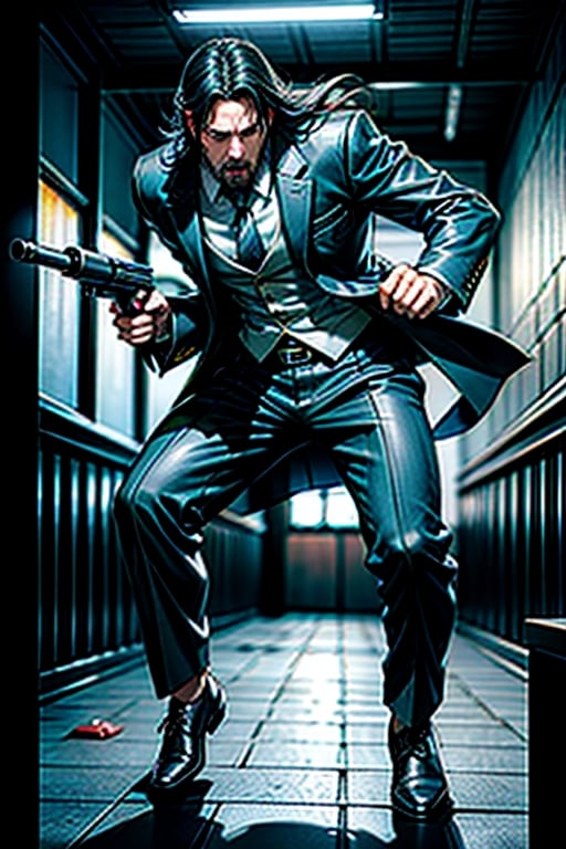 open wide shot, masterpiece, excellent quality, 
perfect hands,epic running fast shooting machine gun with flames, photo realistic Keanu Reeves John Wick with pistol and machine gun , thriller style, aggressive pose, modern black and white Gucci suit, armed gun, photorealistic, highly detailed, blurry photo, intricate, incredibly detailed, super detailed, gangster texture, detailed , crazy, soft lights and shadows