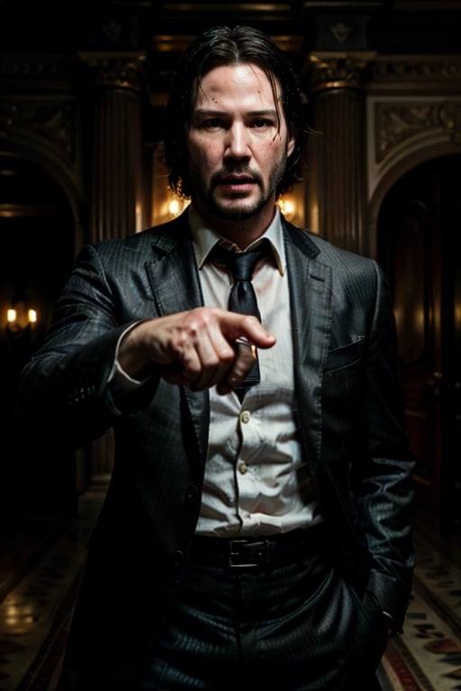 masterpiece, excellent quality, 8k, photo realistic Keanu Reeves John Wick with , thriller style, aggressive pose, modern black and white Gucci suit, armed gun, photorealistic, highly detailed, blurry photo, intricate, incredibly detailed, super detailed, gangster texture, detailed , crazy, soft lights and shadows