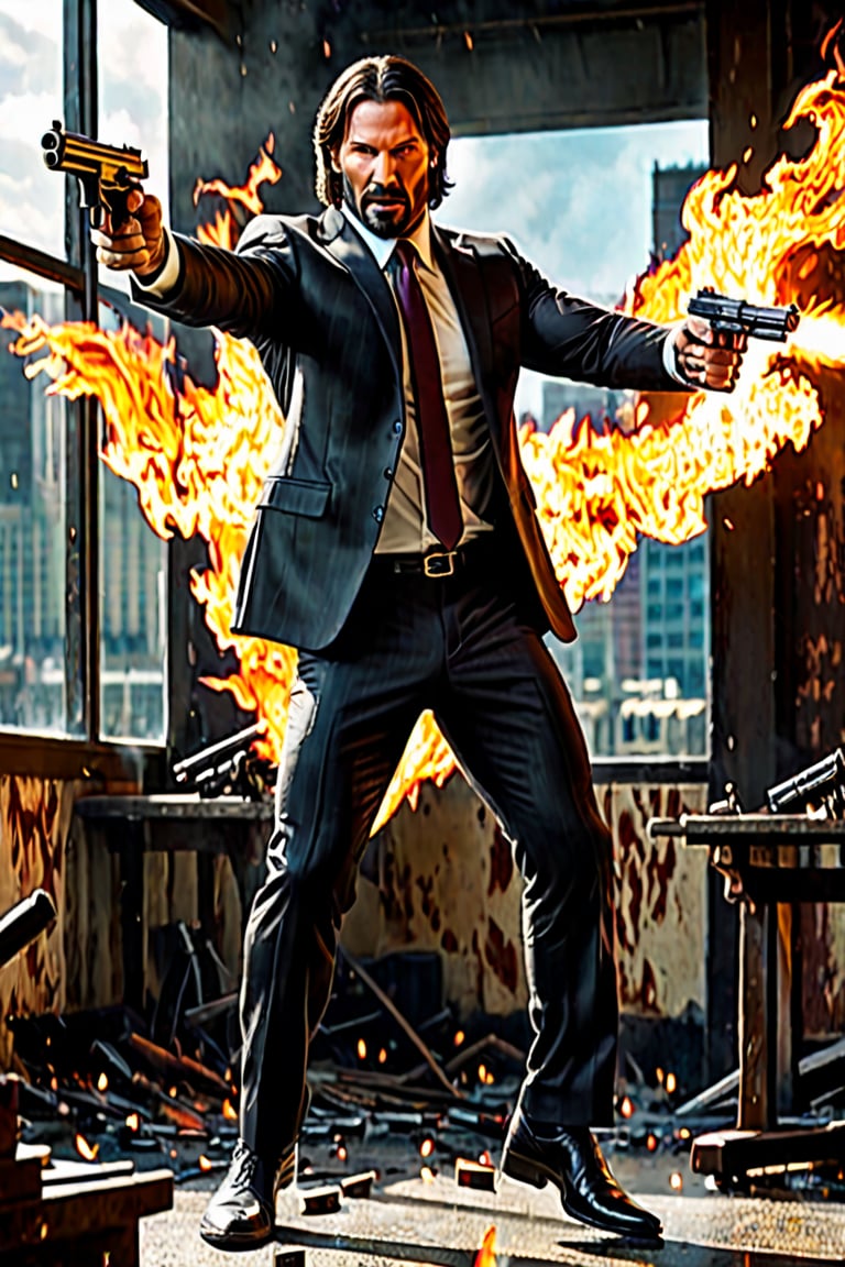  ((Panoramic and open wide shot)), masterpiece, excellent quality, perfect hands,epic running fast, epic pose,  jumping through a window breaking the glass, shooting machine gun with flames, photo realistic "John Wick", with pistol and machine gun , different weapons knives, katanas, submachine guns, grenades, in a shootout with other men, thriller style, aggressive pose, modern black and white Gucci suit, armed gun, photorealistic, highly detailed, blurry photo, intricate, incredibly detailed, super detailed, gangster texture, detailed , crazy, soft lights and shadows