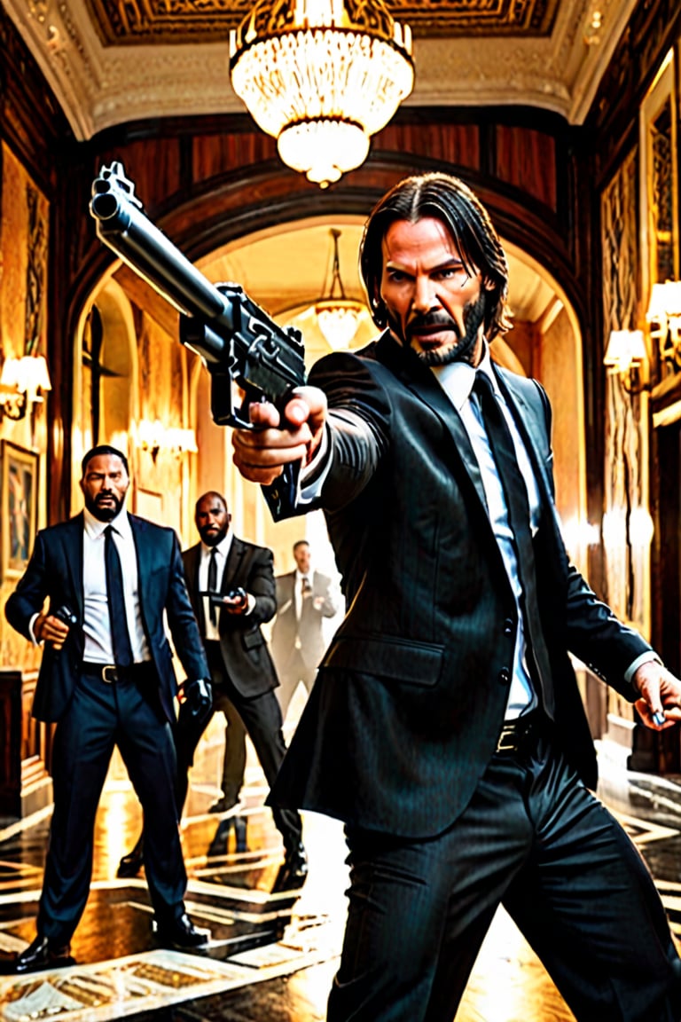 ((movie cover)) in Hotel Continental ((Panoramic and open wide shot)), masterpiece, excellent quality, perfect hands, epic jumping , killing gunmen, shooting machine gun, photo realistic "John Wick", with pistol and machine gun , different weapons knives, katanas, submachine guns, grenades, in a shootout with other men, thriller style, aggressive pose, modern black and white Gucci suit, armed gun, photorealistic, highly detailed, blurry photo, intricate, incredibly detailed, super detailed, gangster texture, detailed , crazy, soft lights and shadows,Summer,more detail XL