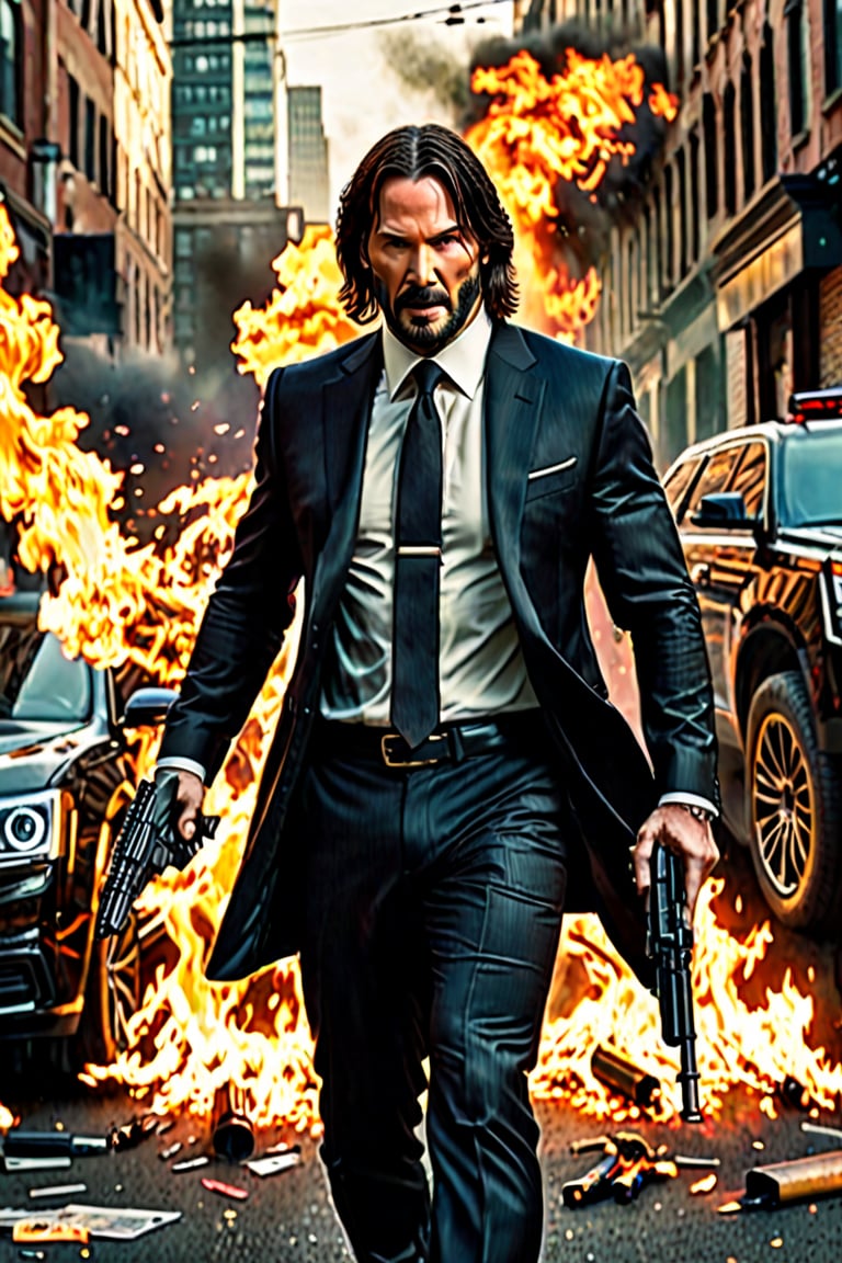  ((Panoramic and open wide shot)), masterpiece, excellent quality, perfect hands,epic running fast shooting machine gun with flames, photo realistic "John Wick", with pistol and machine gun , different weapons knives, katanas, submachine guns, grenades, in a shootout with other men, thriller style, aggressive pose, modern black and white Gucci suit, armed gun, photorealistic, highly detailed, blurry photo, intricate, incredibly detailed, super detailed, gangster texture, detailed , crazy, soft lights and shadows