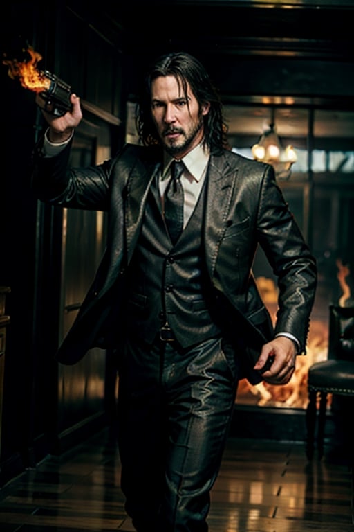 open wide shot, masterpiece, excellent quality, 
perfect hands,epic running fast shooting machine gun with flames, photo realistic Keanu Reeves John Wick with pistol and machine gun , thriller style, aggressive pose, modern black and white Gucci suit, armed gun, photorealistic, highly detailed, blurry photo, intricate, incredibly detailed, super detailed, gangster texture, detailed , crazy, soft lights and shadows