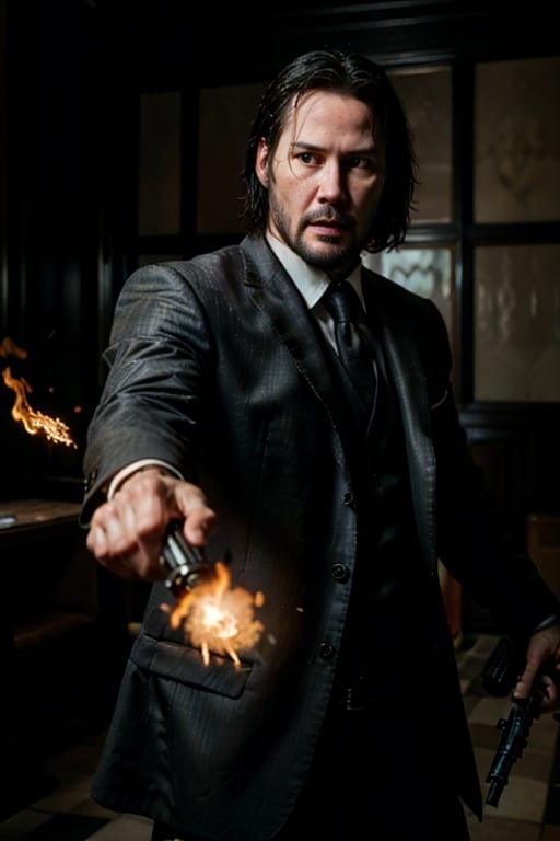 open wide shot, masterpiece, excellent quality, running fast shooting machinegun with flames, photo realistic Keanu Reeves John Wick with pistol and machine gun , thriller style, aggressive pose, modern black and white Gucci suit, armed gun, photorealistic, highly detailed, blurry photo, intricate, incredibly detailed, super detailed, gangster texture, detailed , crazy, soft lights and shadows