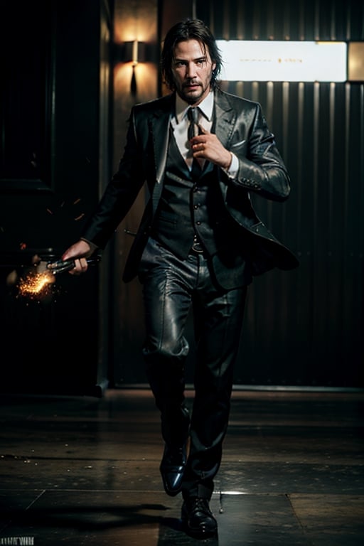 open wide shot, masterpiece, excellent quality, 
perfect hands,epic running fast shooting machine gun with flames, photo realistic Keanu Reeves John Wick with pistol and machine gun , thriller style, aggressive pose, modern black and white Gucci suit, armed gun, photorealistic, highly detailed, blurry photo, intricate, incredibly detailed, super detailed, gangster texture, detailed , crazy, soft lights and shadows